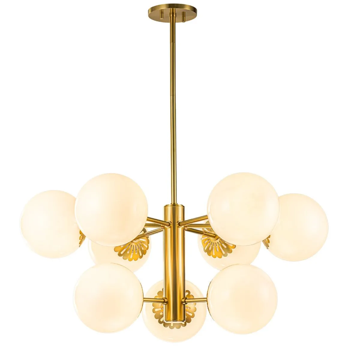 Brass Daisy Tiered Opal Glass Globe Sputnik Chandelier