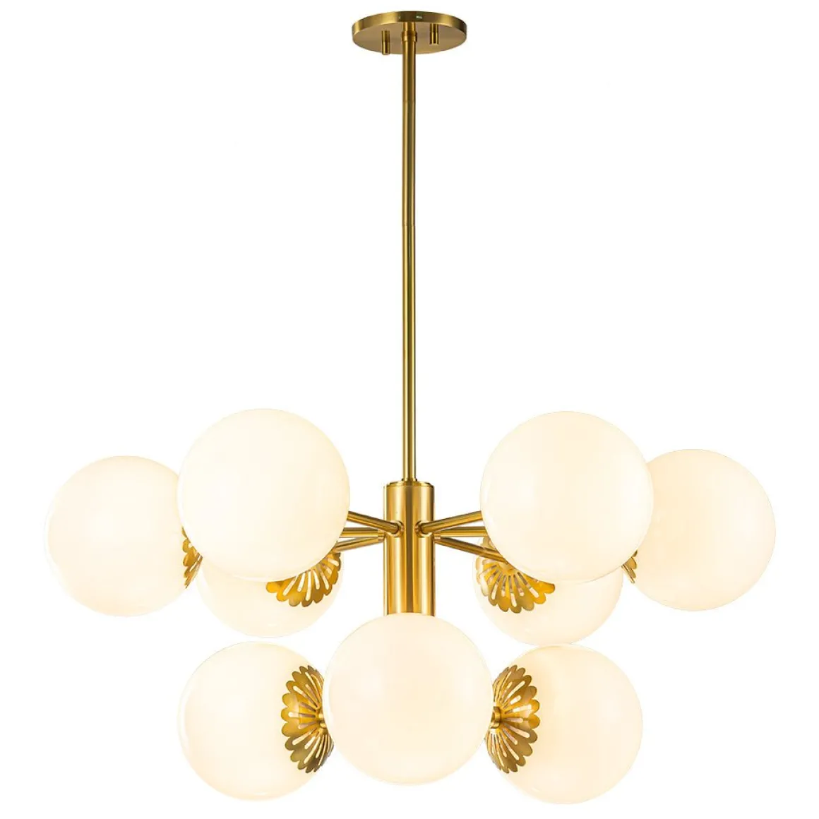 Brass Daisy Tiered Opal Glass Globe Sputnik Chandelier