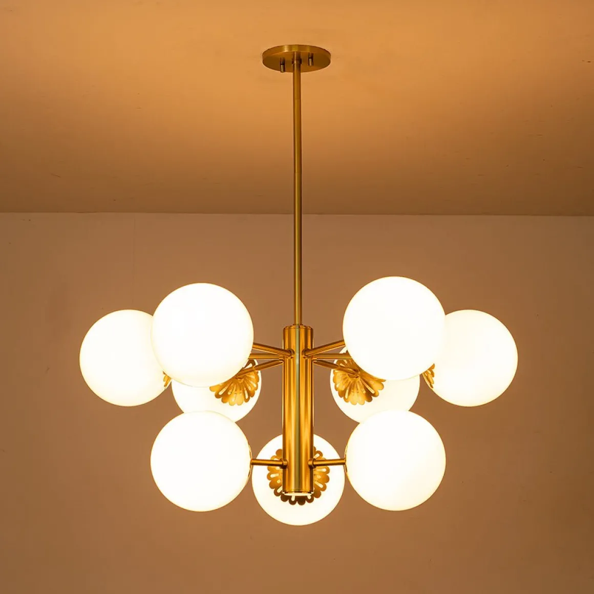 Brass Daisy Tiered Opal Glass Globe Sputnik Chandelier