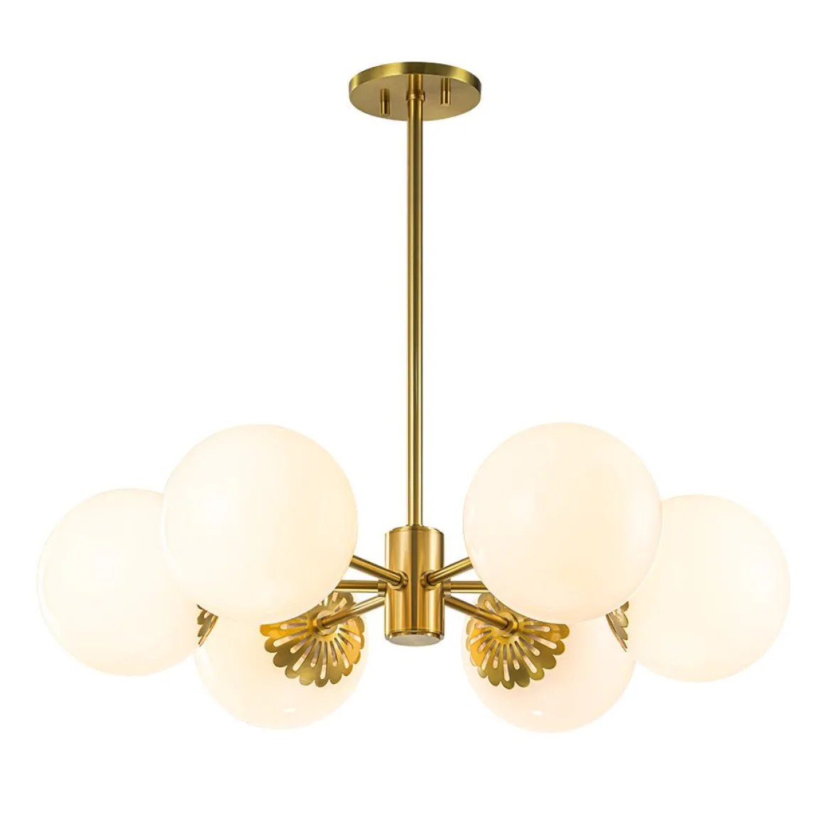 Brass Daisy Tiered Opal Glass Globe Sputnik Chandelier