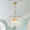 Brass Draped Ribbed Glass Bubble Round Pendant Chandelier