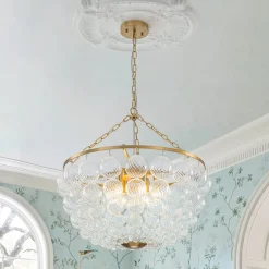 Brass Draped Ribbed Glass Bubble Round Pendant Chandelier