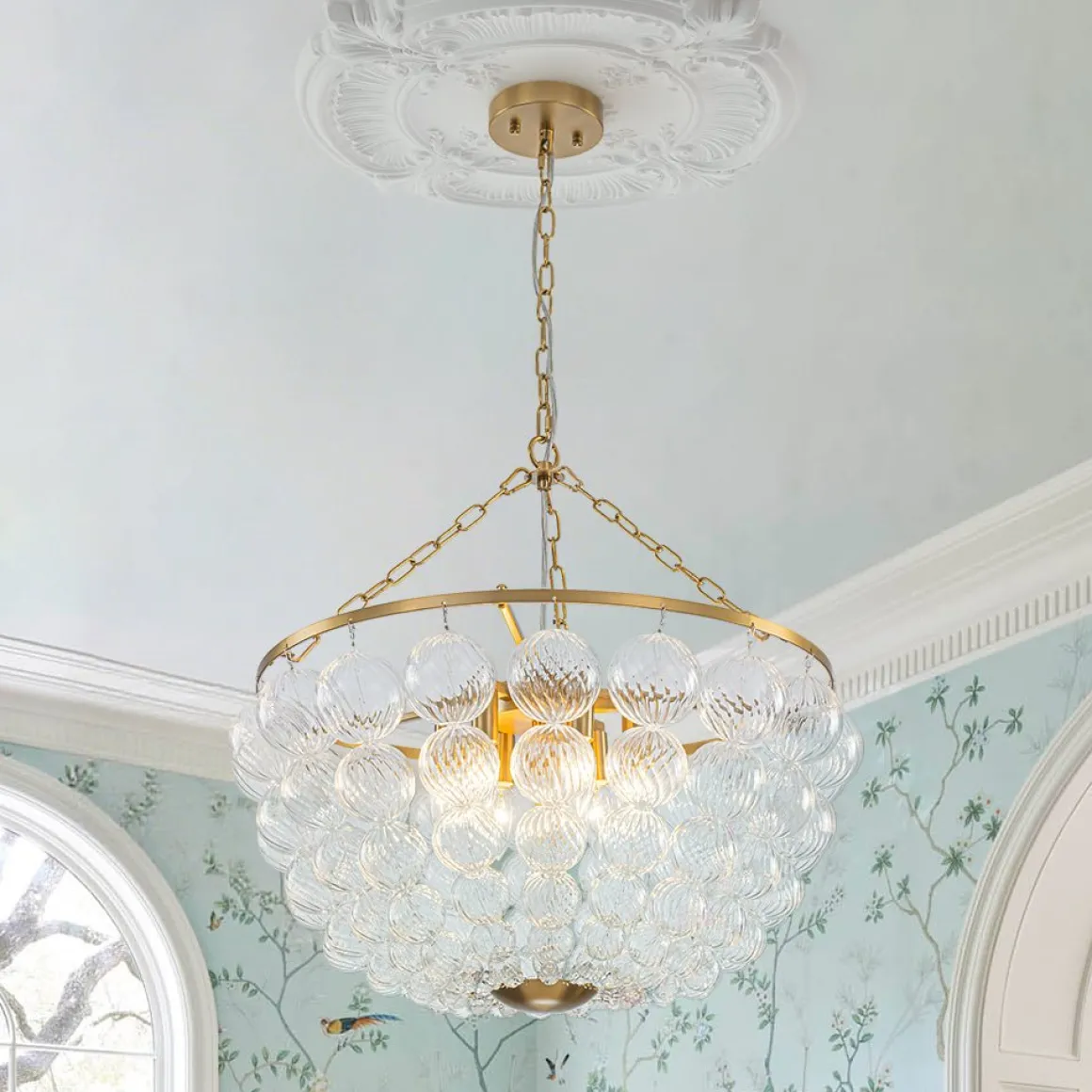 Brass Draped Ribbed Glass Bubble Round Pendant Chandelier