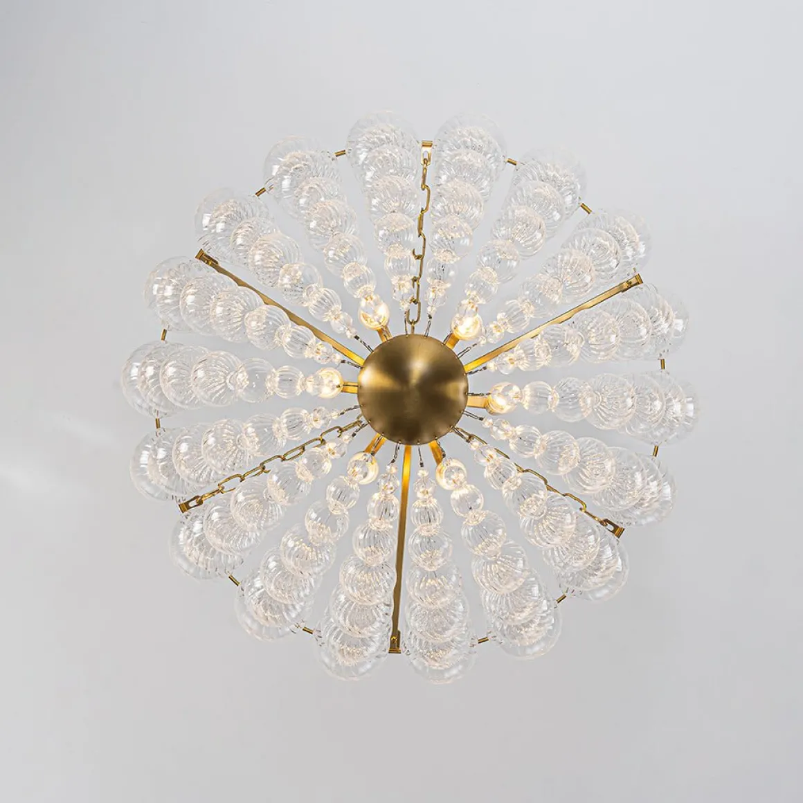 Brass Draped Ribbed Glass Bubble Round Pendant Chandelier