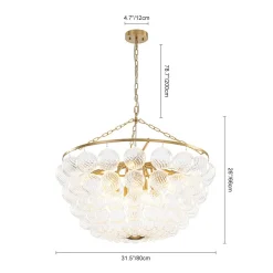Brass Draped Ribbed Glass Bubble Round Pendant Chandelier