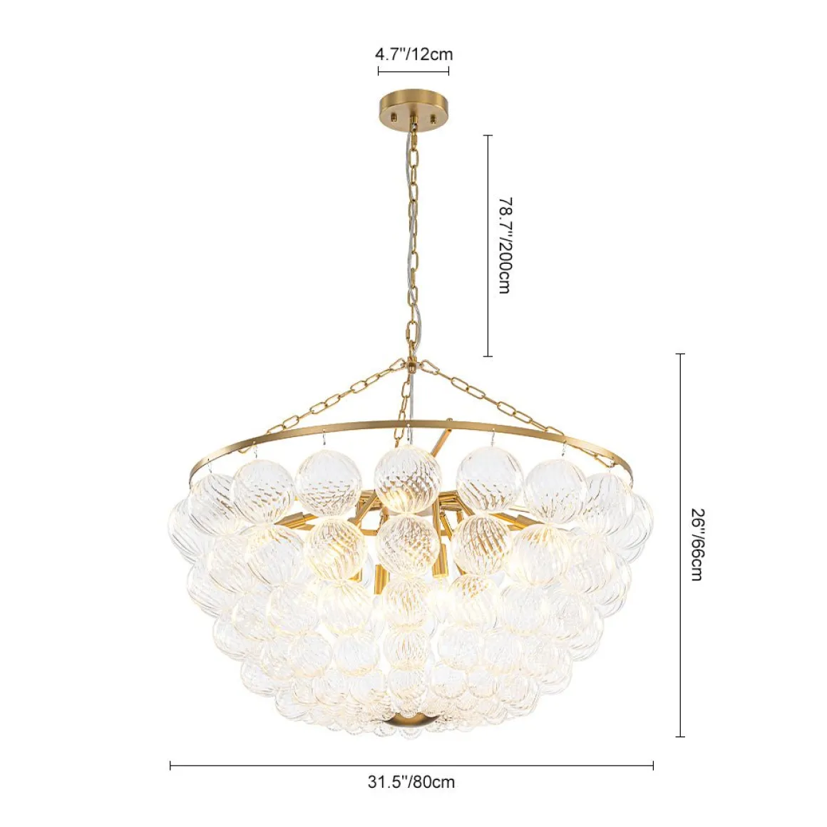 Brass Draped Ribbed Glass Bubble Round Pendant Chandelier
