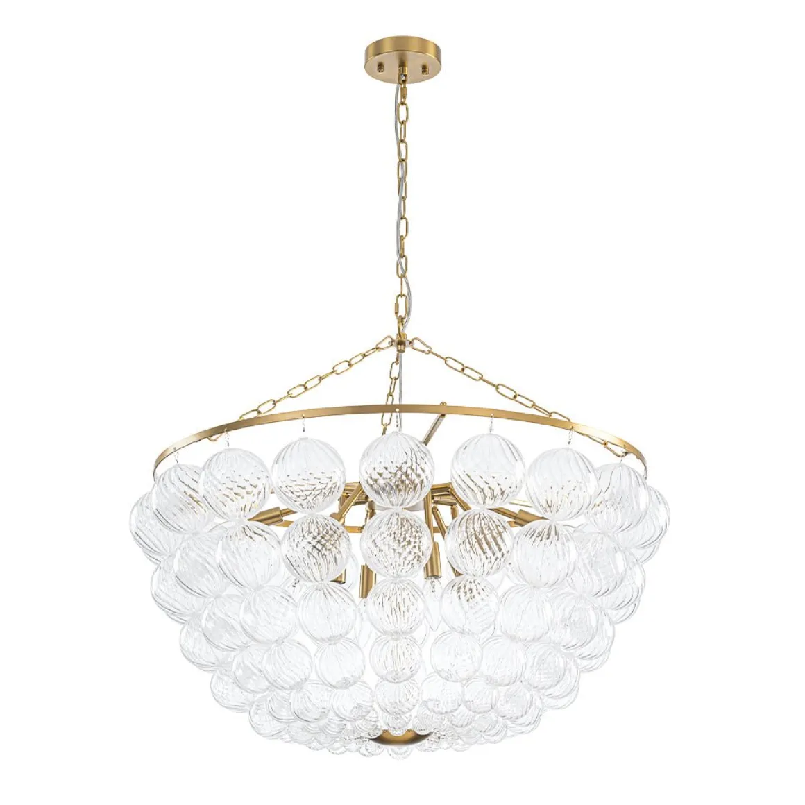 Brass Draped Ribbed Glass Bubble Round Pendant Chandelier