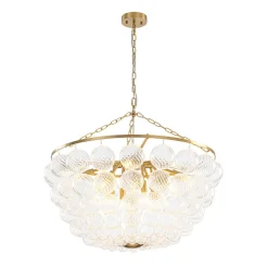Brass Draped Ribbed Glass Bubble Round Pendant Chandelier