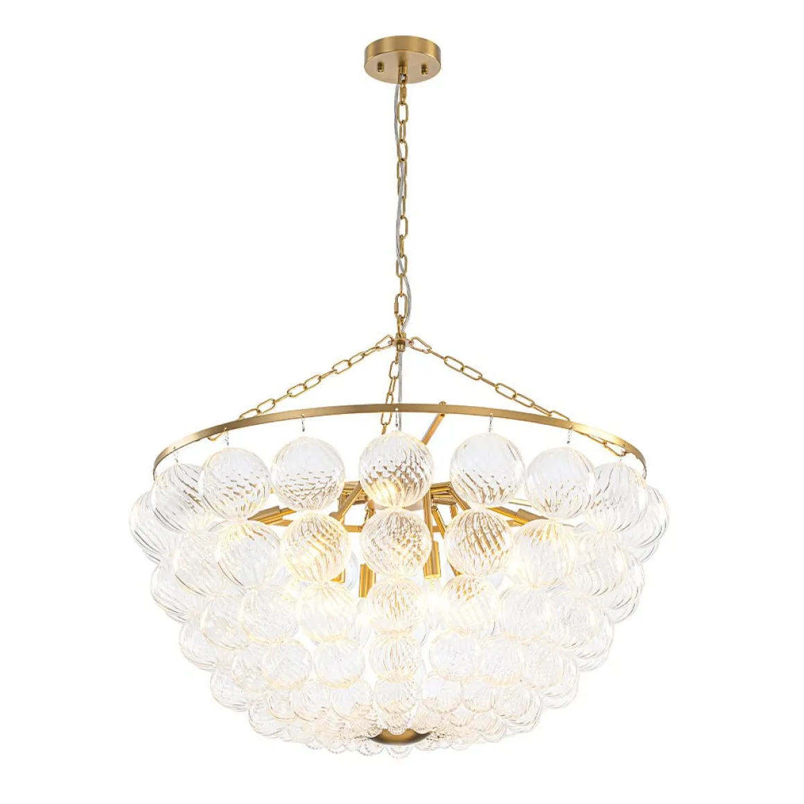 Brass Draped Ribbed Glass Bubble Round Pendant Chandelier