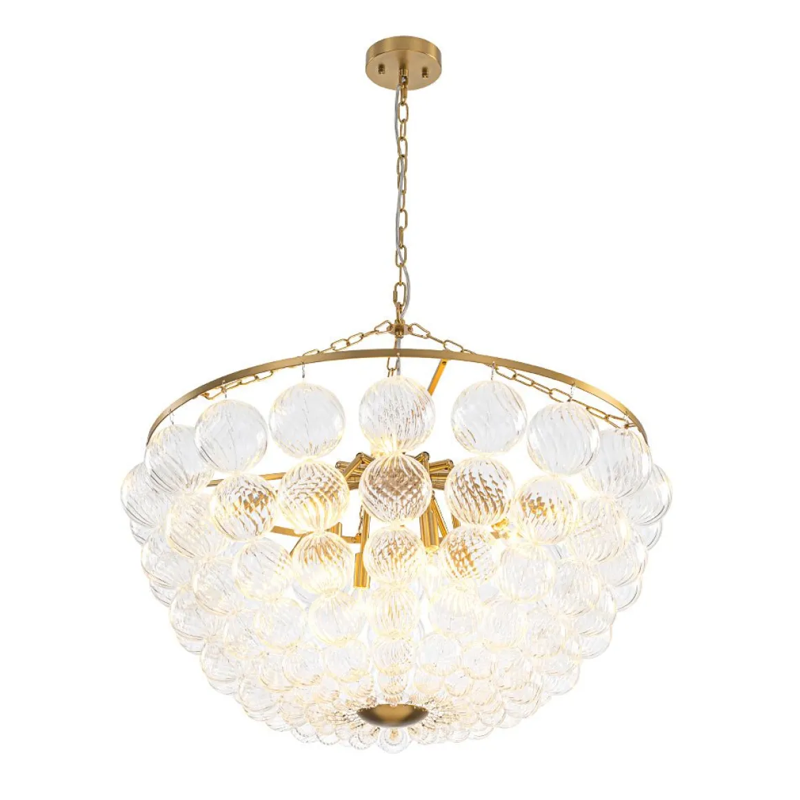 Brass Draped Ribbed Glass Bubble Round Pendant Chandelier