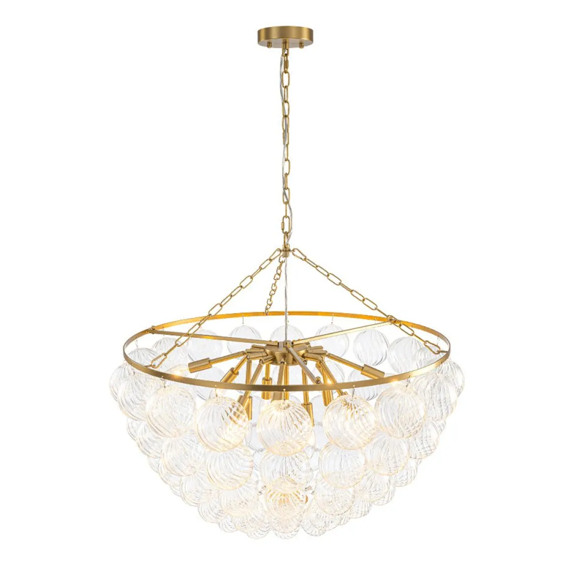 Brass Draped Ribbed Glass Bubble Round Pendant Chandelier