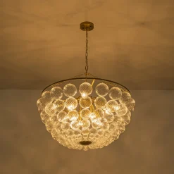 Brass Draped Ribbed Glass Bubble Round Pendant Chandelier