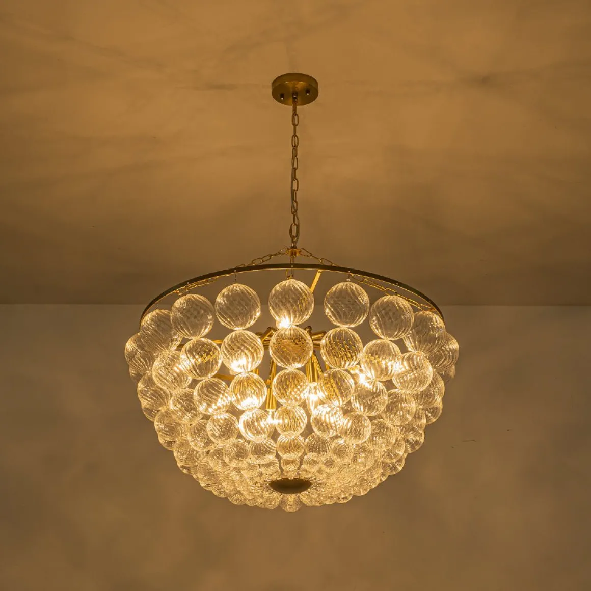 Brass Draped Ribbed Glass Bubble Round Pendant Chandelier