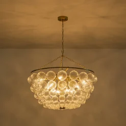 Brass Draped Ribbed Glass Bubble Round Pendant Chandelier