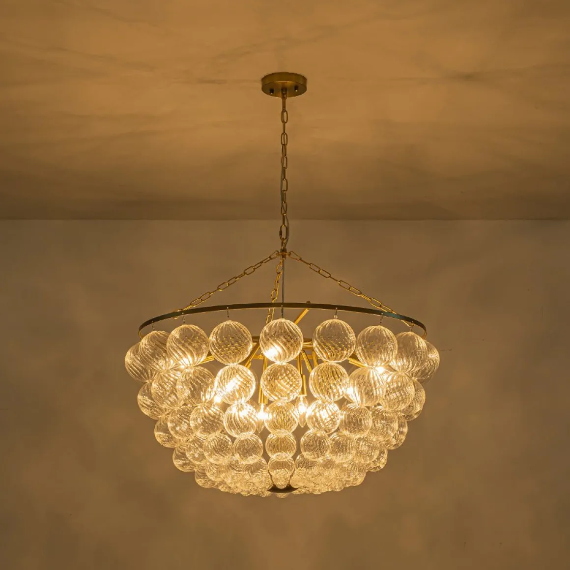 Brass Draped Ribbed Glass Bubble Round Pendant Chandelier