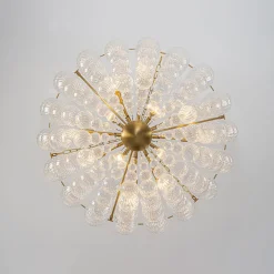 Brass Draped Ribbed Glass Bubble Round Pendant Chandelier