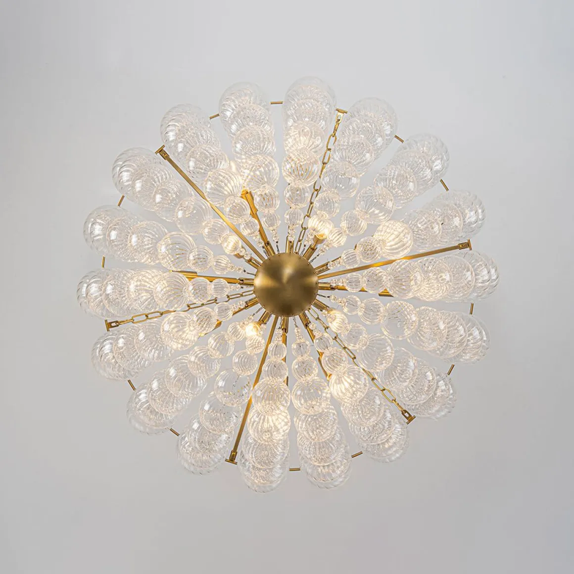 Brass Draped Ribbed Glass Bubble Round Pendant Chandelier