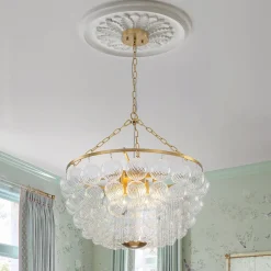 Brass Draped Ribbed Glass Bubble Round Pendant Chandelier