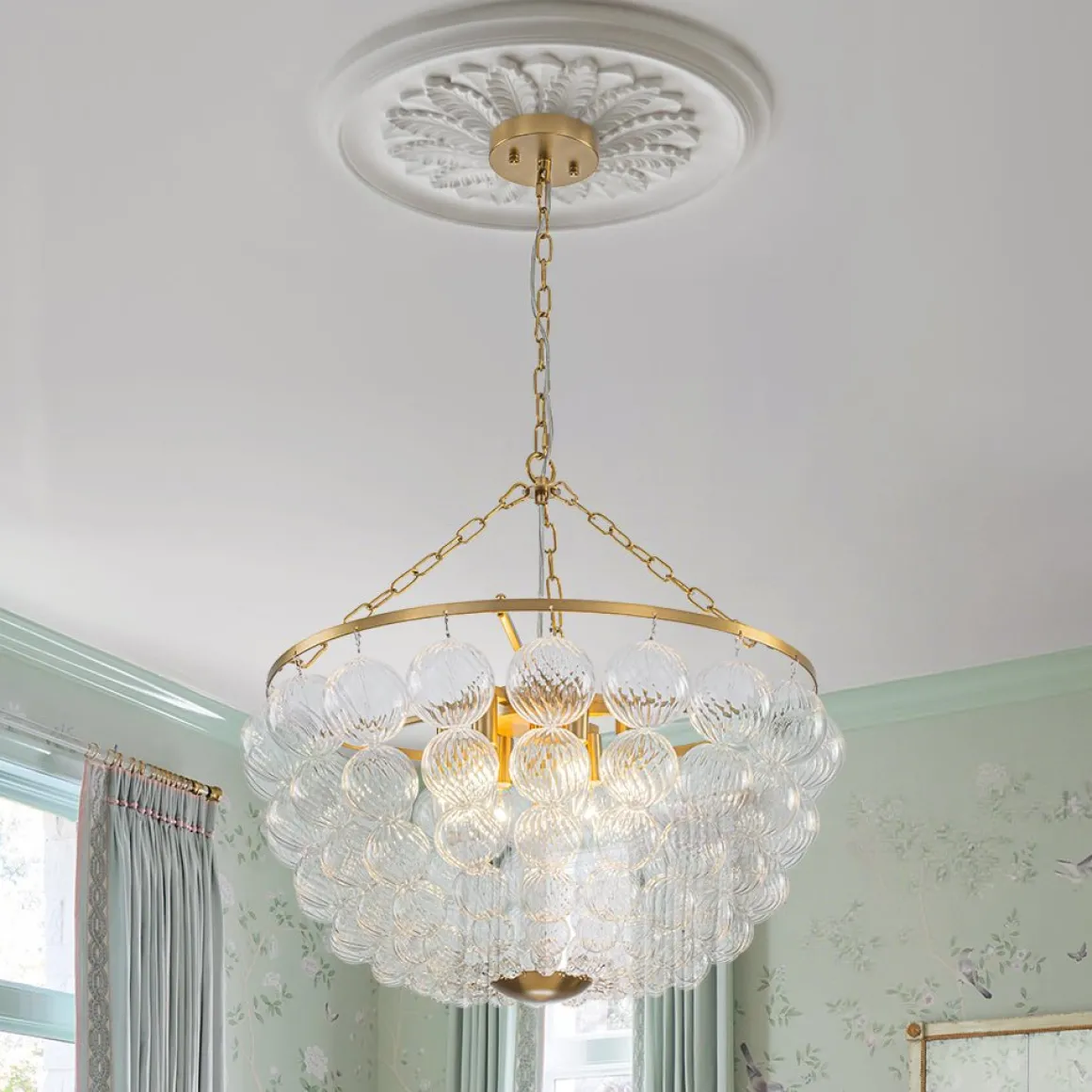 Brass Draped Ribbed Glass Bubble Round Pendant Chandelier