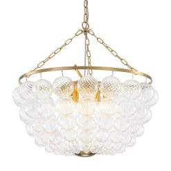 Brass Draped Ribbed Glass Bubble Round Pendant Chandelier