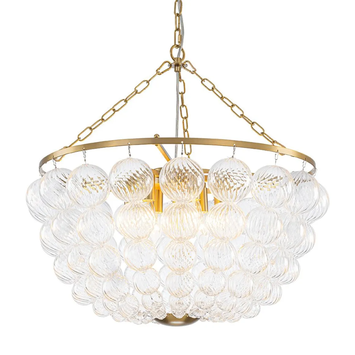 Brass Draped Ribbed Glass Bubble Round Pendant Chandelier