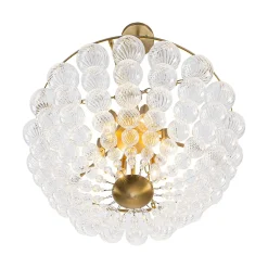 Brass Draped Ribbed Glass Bubble Round Pendant Chandelier