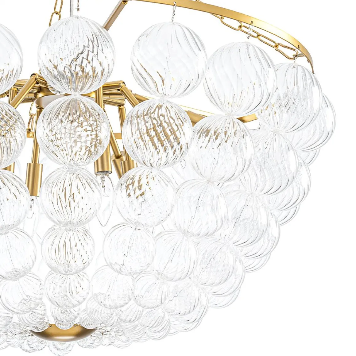Brass Draped Ribbed Glass Bubble Round Pendant Chandelier
