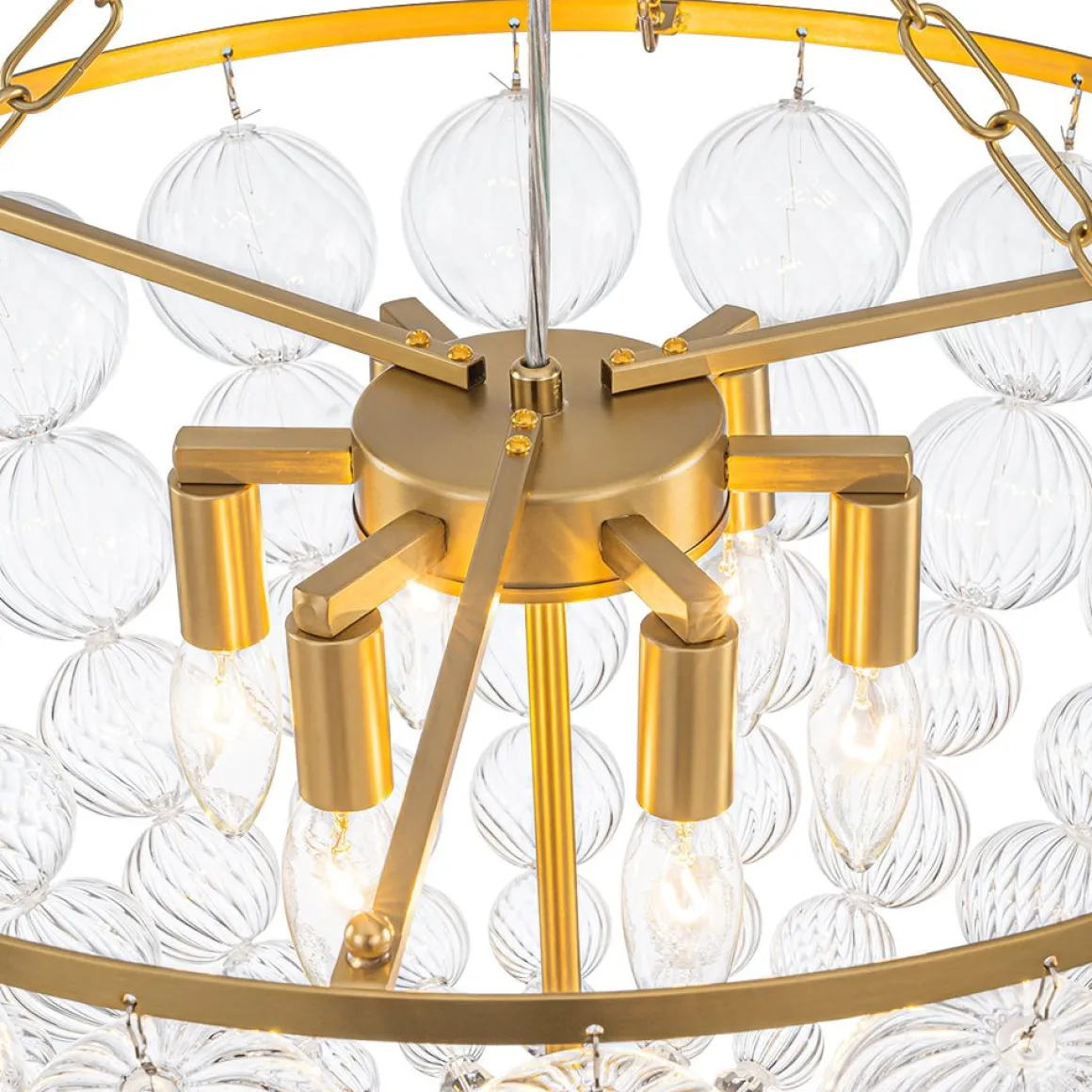 Brass Draped Ribbed Glass Bubble Round Pendant Chandelier