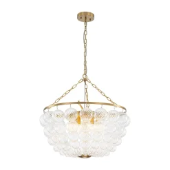 Brass Draped Ribbed Glass Bubble Round Pendant Chandelier