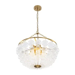 Brass Draped Ribbed Glass Bubble Round Pendant Chandelier