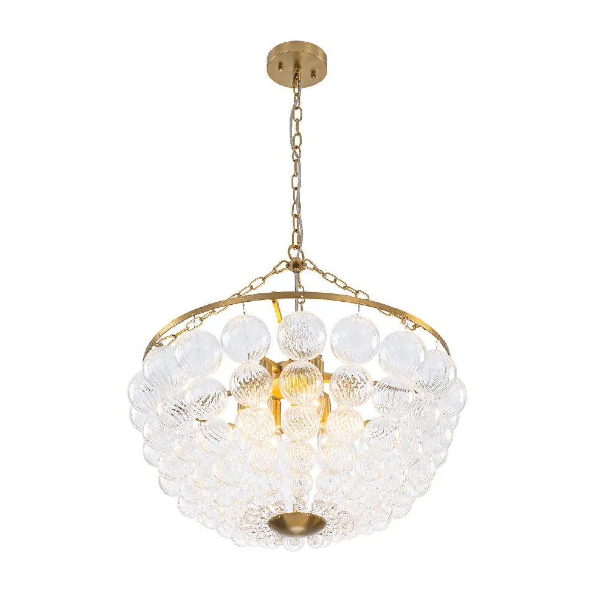 Brass Draped Ribbed Glass Bubble Round Pendant Chandelier