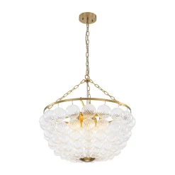 Brass Draped Ribbed Glass Bubble Round Pendant Chandelier