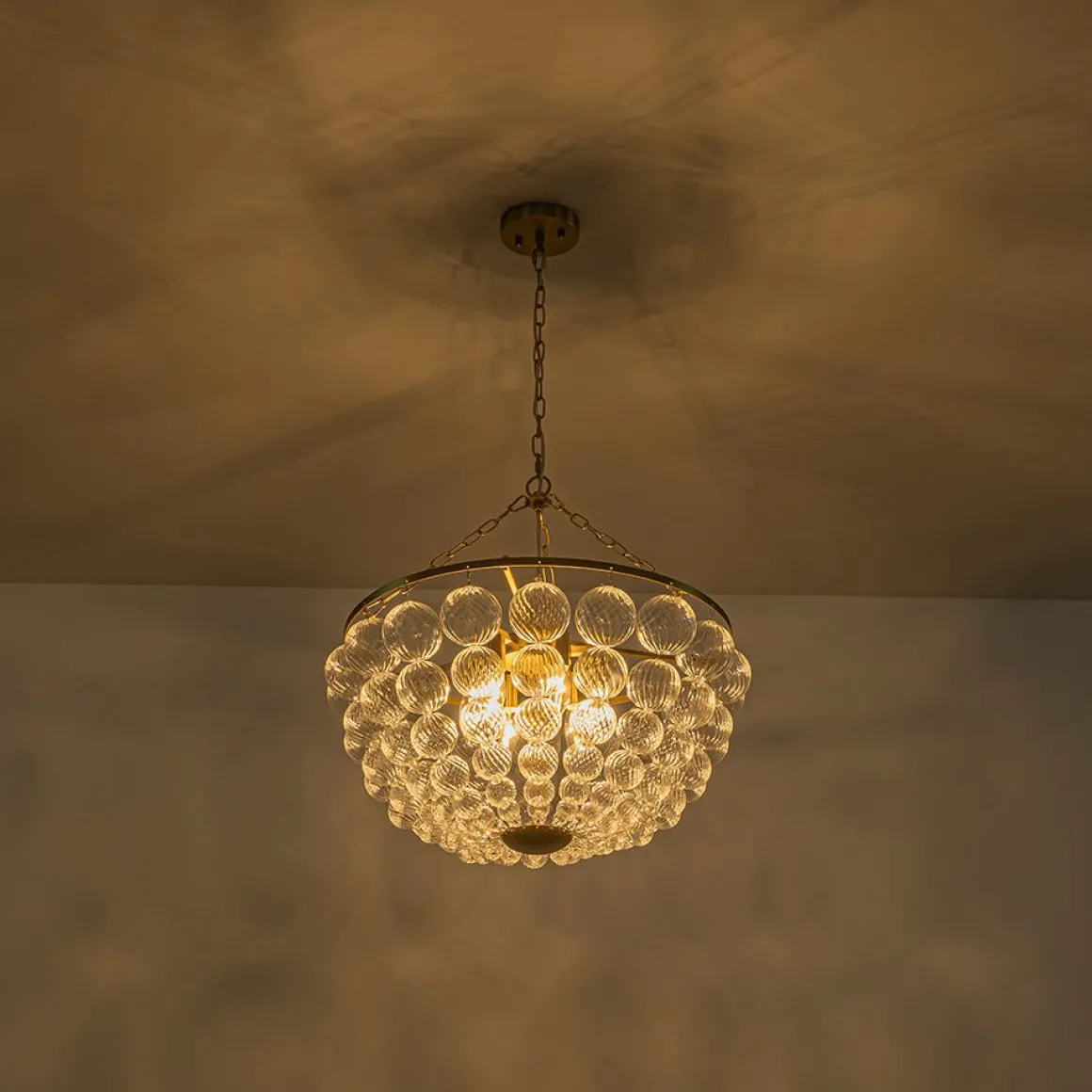 Brass Draped Ribbed Glass Bubble Round Pendant Chandelier