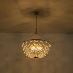 Brass Draped Ribbed Glass Bubble Round Pendant Chandelier