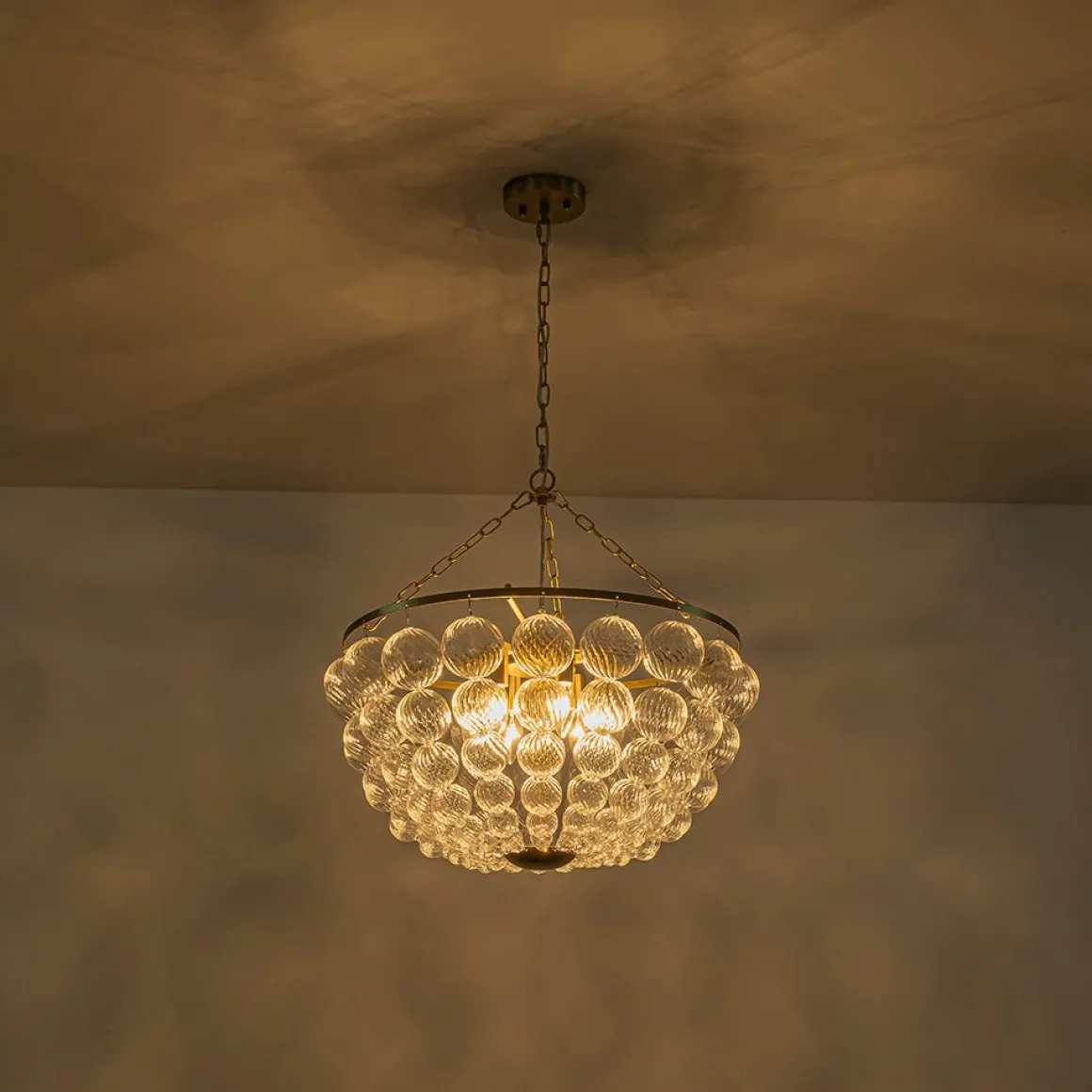 Brass Draped Ribbed Glass Bubble Round Pendant Chandelier