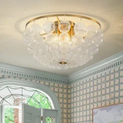 Brass Draped Ribbed Glass Globe Round Semi Flush Chandelier