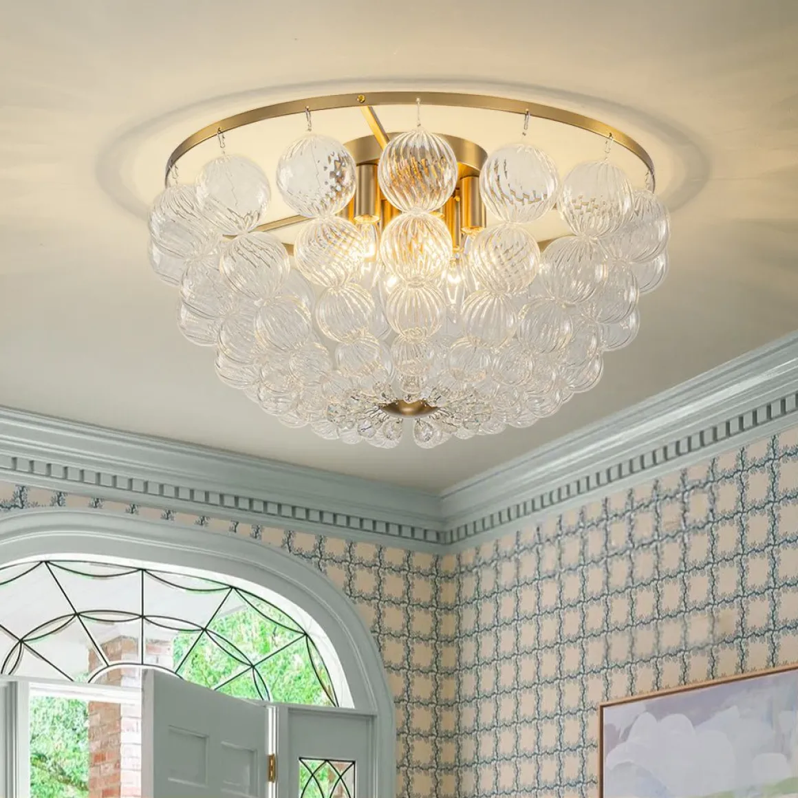 Brass Draped Ribbed Glass Globe Round Semi Flush Chandelier