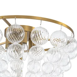 Brass Draped Ribbed Glass Globe Round Semi Flush Chandelier