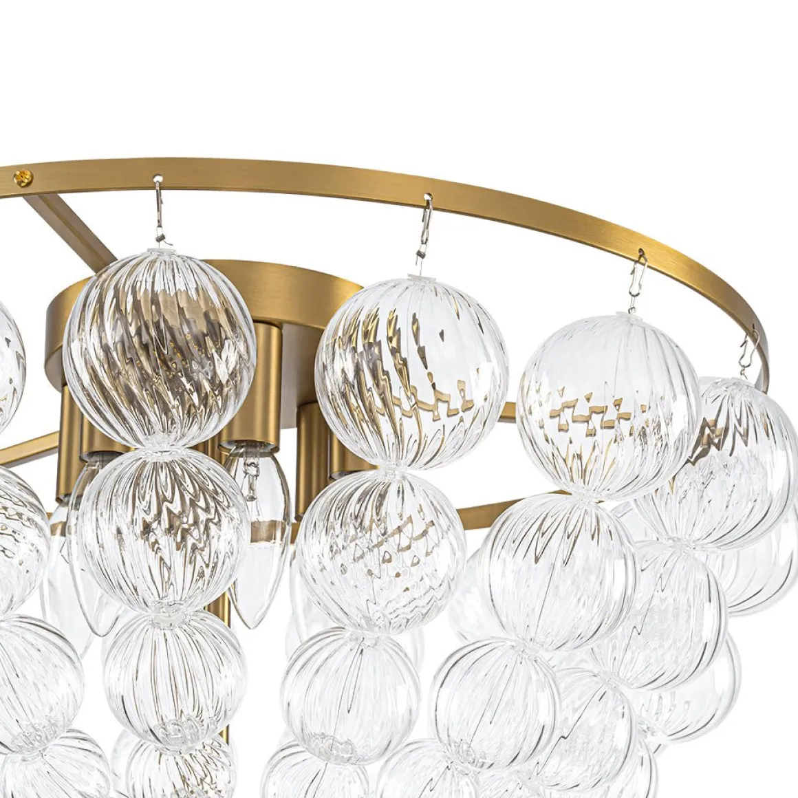 Brass Draped Ribbed Glass Globe Round Semi Flush Chandelier