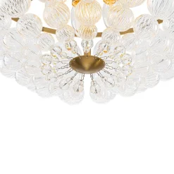 Brass Draped Ribbed Glass Globe Round Semi Flush Chandelier