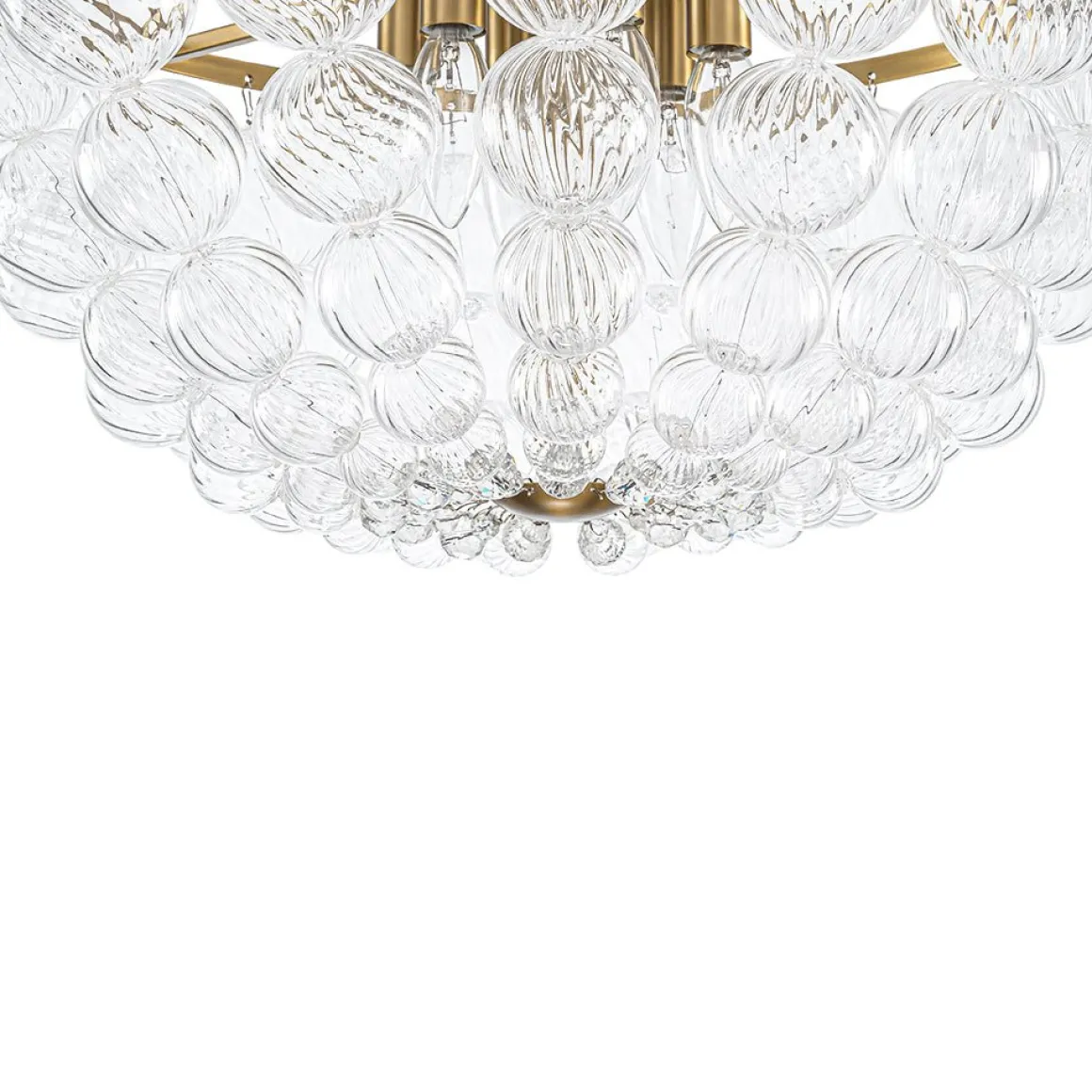 Brass Draped Ribbed Glass Globe Round Semi Flush Chandelier