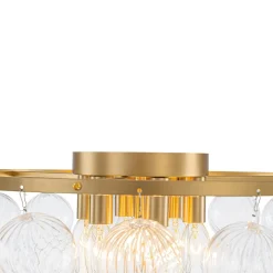 Brass Draped Ribbed Glass Globe Round Semi Flush Chandelier