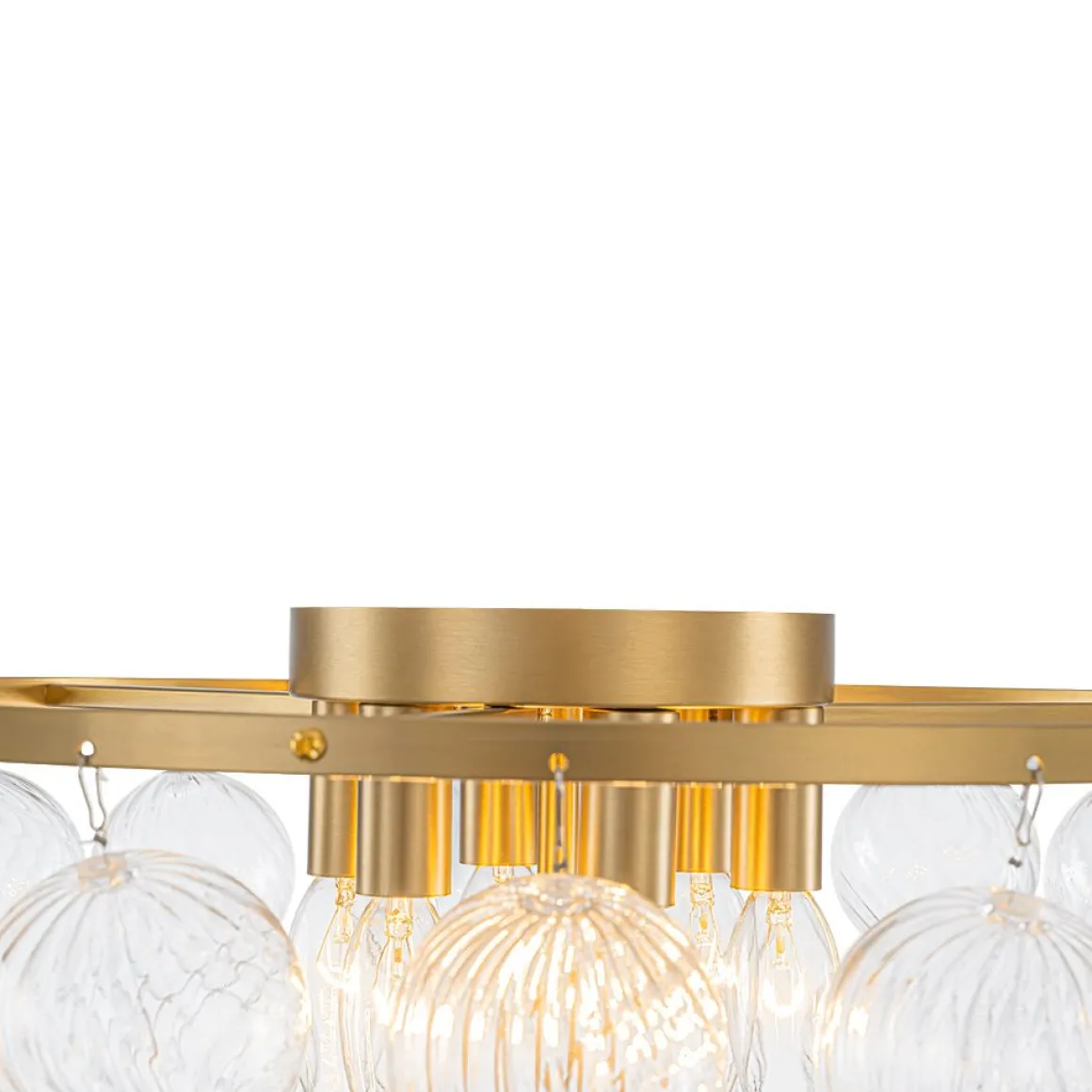 Brass Draped Ribbed Glass Globe Round Semi Flush Chandelier