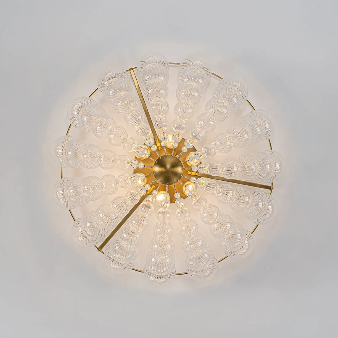 Brass Draped Ribbed Glass Globe Round Semi Flush Chandelier