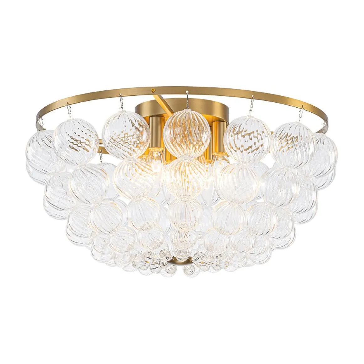 Brass Draped Ribbed Glass Globe Round Semi Flush Chandelier