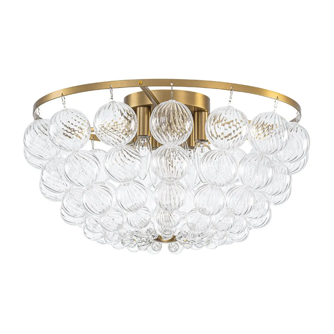Brass Draped Ribbed Glass Globe Round Semi Flush Chandelier