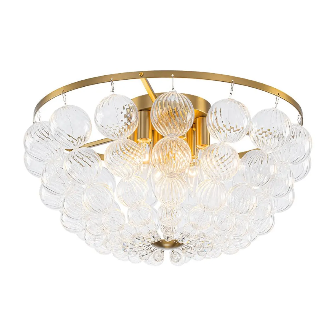 Brass Draped Ribbed Glass Globe Round Semi Flush Chandelier