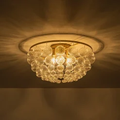 Brass Draped Ribbed Glass Globe Round Semi Flush Chandelier