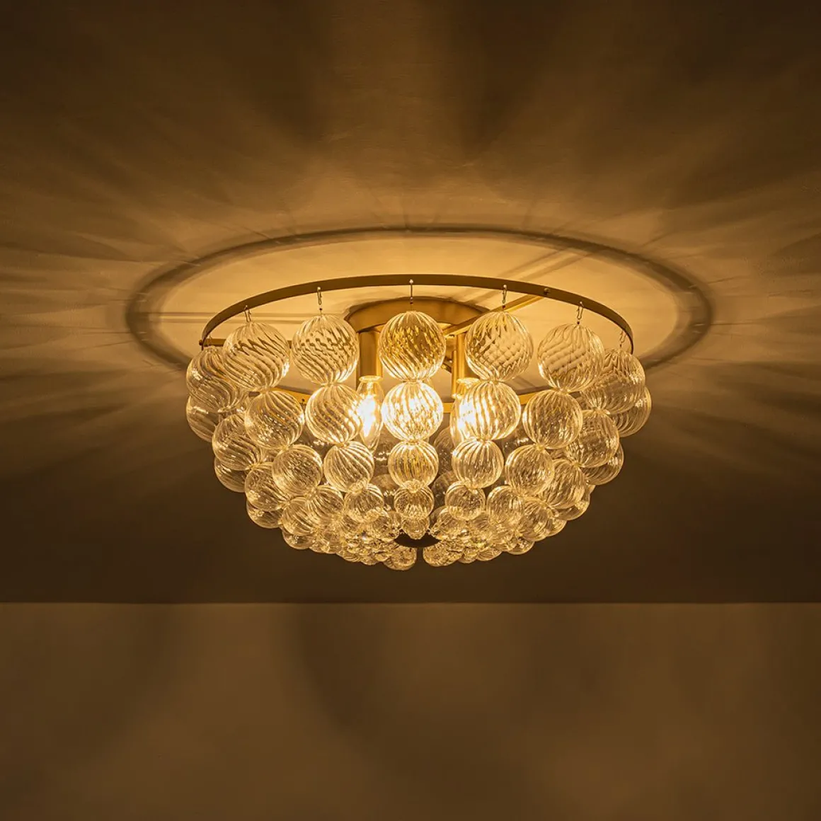 Brass Draped Ribbed Glass Globe Round Semi Flush Chandelier