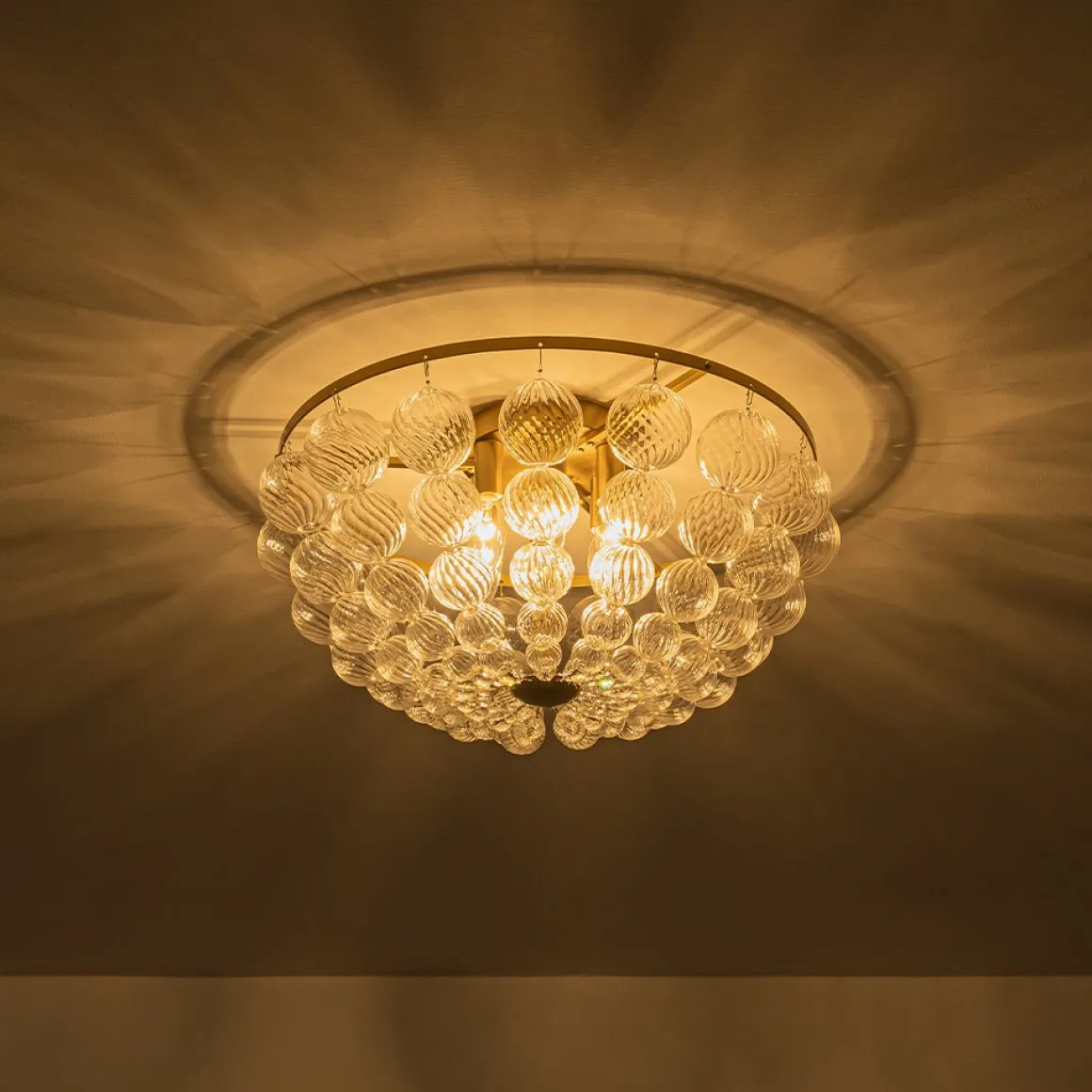 Brass Draped Ribbed Glass Globe Round Semi Flush Chandelier